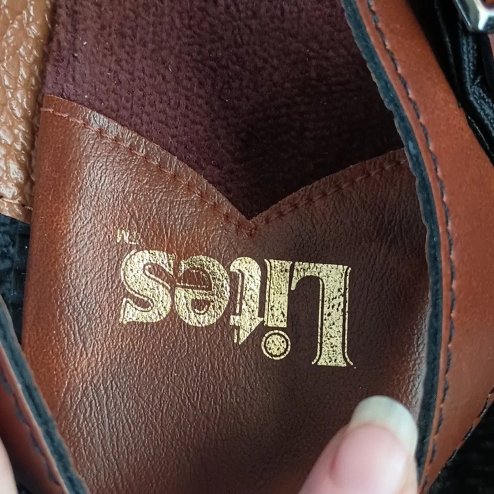 men's Lites brown tan leather adjustable strap sandals with terry cloth liners. - Picture 2 of 5